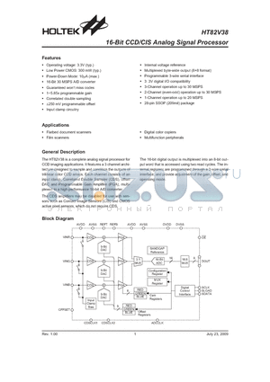 HT82V38 datasheet - 16-Bit CCD/CIS Analog Signal Processor