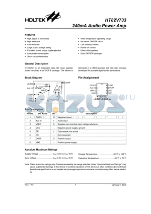 HT82V733 datasheet - 240mA Audio Power Amp