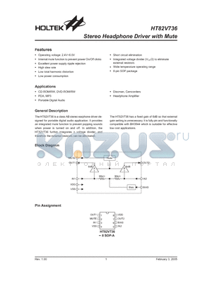 HT82V736 datasheet - Stereo Headphone Driver with Mute