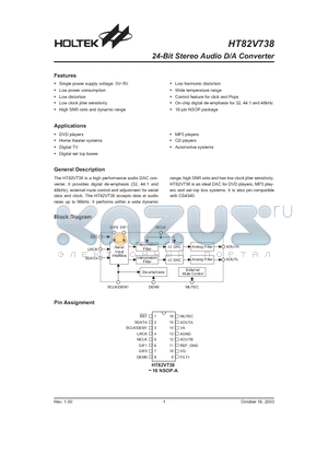 HT82V738 datasheet - 24-Bit Stereo Audio D/A Converter