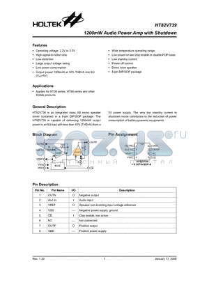 HT82V739 datasheet - 1200mW Audio Power Amp with Shutdown