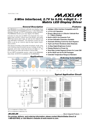 MAX6953EPL datasheet - 2-Wire Interfaced, 2.7V to 5.5V, 4-Digit 5 x 7 Matrix LED Display Driver