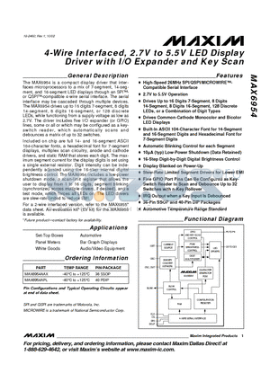 MAX6954 datasheet - 4-Wire Interfaced, 2.7V to 5.5V LED Display Driver with I/O Expander and Key Scan