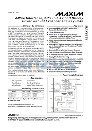 MAX6954APL datasheet - 4-Wire Interfaced, 2.7V to 5.5V LED Display Driver with I/O Expander and Key Scan