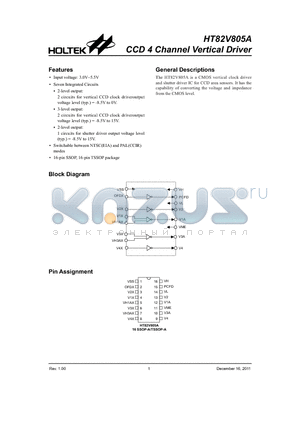 HT82V805A datasheet - CCD 4 Channel Vertical Driver