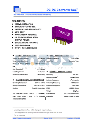 PUD-1205-2W datasheet - DC-DC Converter UNIT 2 W UNREGULATED DC-DC CONVERTER