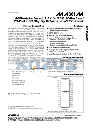 MAX6957AAI datasheet - 4-Wire-Interfaced, 2.5V to 5.5V, 20-Port and 28-Port LED Display Driver and I/O Expander