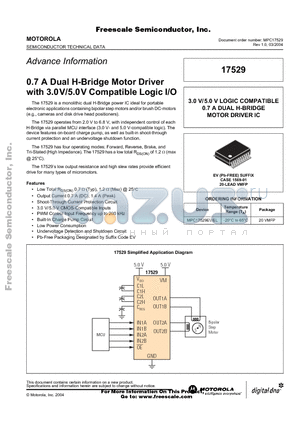 MPC17529EV datasheet - 0.7 A Dual H-Bridge Motor Driver with 3.0V/5.0V Compatible Logic I/O