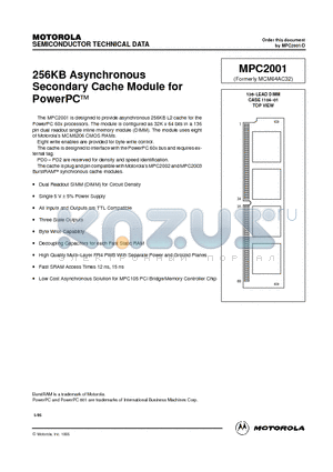 MPC2001 datasheet - 256KB Asynchronous Secondary Cache Module for PowerPC