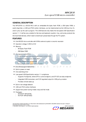 MPC2F35L datasheet - Low-speed USB micro-controller