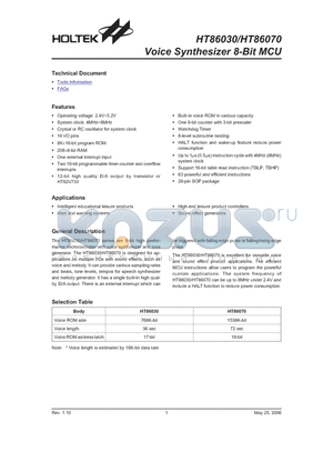 HT86030 datasheet - Voice Synthesizer 8-Bit MCU