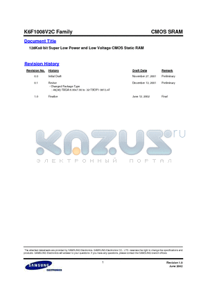 K6F1008V2C-F datasheet - 128Kx8 bit Super Low Power and Low Voltage CMOS Static RAM