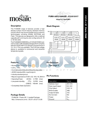 PUMA68SV16000XBI-012 datasheet - 512 K x 32 Static RAM