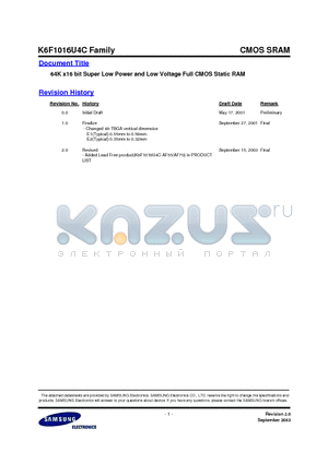 K6F1016U4C-AF55 datasheet - 64K x16 bit Super Low Power and Low Voltage Full CMOS Static RAM