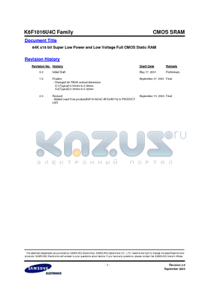 K6F1016U4C-EF70 datasheet - 64K x16 bit Super Low Power and Low Voltage Full CMOS Static RAM