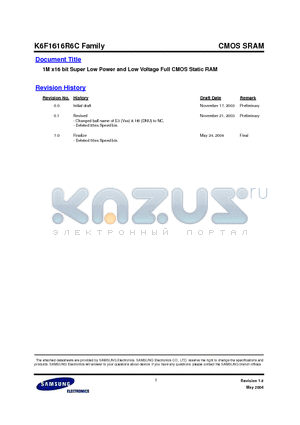 K6F1616R6C datasheet - 1M x16 bit Super Low Power and Low Voltage Full CMOS Static RAM