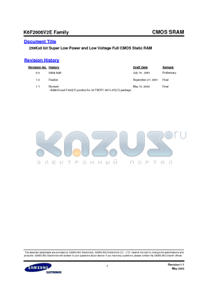 K6F2008V2E-YF55 datasheet - 256Kx8 bit Super Low Power and Low Voltage Full CMOS Static RAM