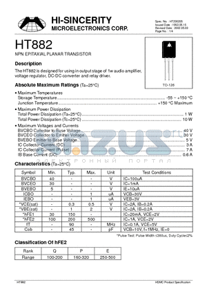 HT882 datasheet - NPN EPITAXIAL PLANAR TRANSISTOR