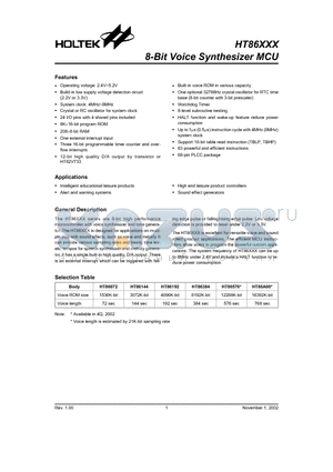 HT86XXX datasheet - 8-Bit Voice Synthesizer MCU