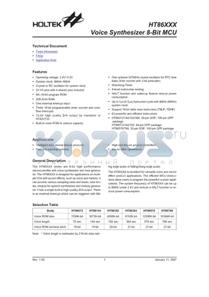 HT86XXX datasheet - Voice Synthesizer 8-Bit MCU