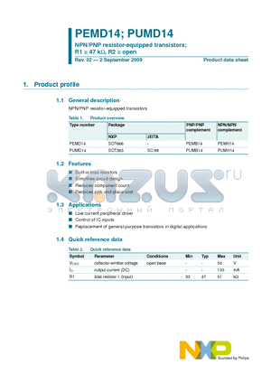 PUMD14 datasheet - NPN/PNP resistor-equipped transistors; R1 = 47 kW, R2 = open