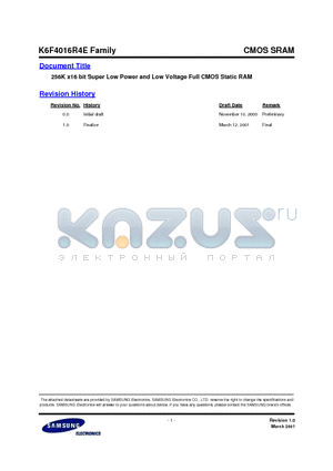 K6F4016R4E datasheet - 256K x16 bit Super Low Power and Low Voltage Full CMOS Static RAM