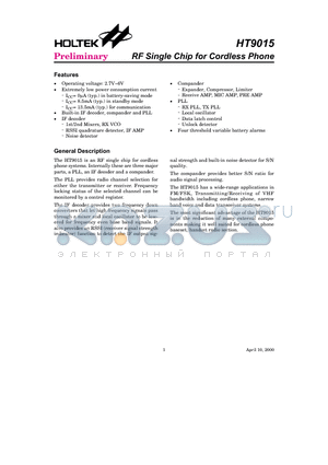 HT9015 datasheet - RF Single Chip for Cordless Phone