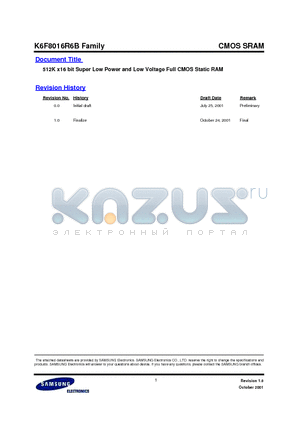 K6F8016R6B datasheet - 512K x16 bit Super Low Power and Low Voltage Full CMOS Static RAM