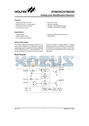 HT9032D datasheet - Calling Line Identification Receiver