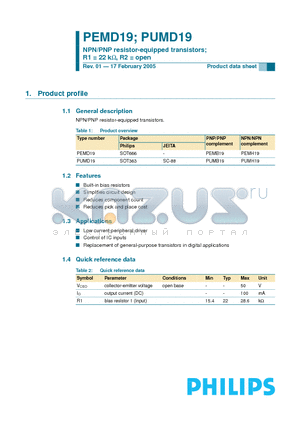 PUMD19 datasheet - NPN/PNP resistor-equipped transistors