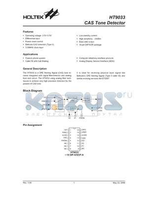 HT9033 datasheet - CAS Tone Detector