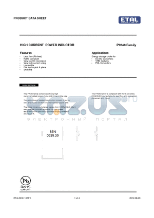 P7640 datasheet - HIGH CURRENT POWER INDUCTOR