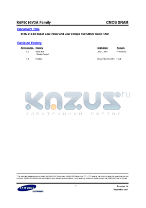 K6F8016V3A datasheet - 512K x16 bit Super Low Power and Low Voltage Full CMOS Static RAM