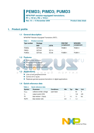 PUMD3 datasheet - NPN/PNP resistor-equipped transistors; R1 = 10 kY, R2 = 10 kY