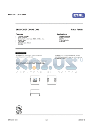 P7635 datasheet - SMD POWER CHOKE COIL