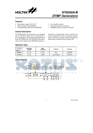 HT9200 datasheet - DTMF Generators