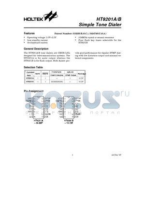 HT9201A datasheet - Simple Tone Dialer