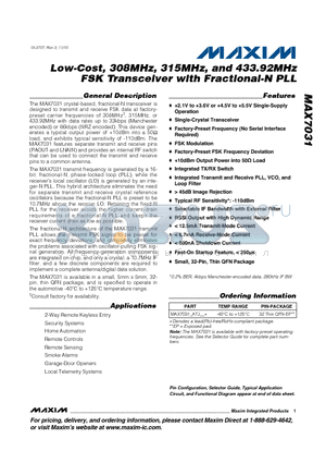 MAX7031 datasheet - Low-Cost, 308MHz, 315MHz, and 433.92MHz FSK Transceiver with Fractional-N PLL