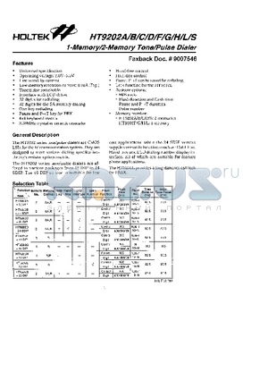 HT9202B datasheet - 1-Memory/2-Memory Tone/Pulse Dialer