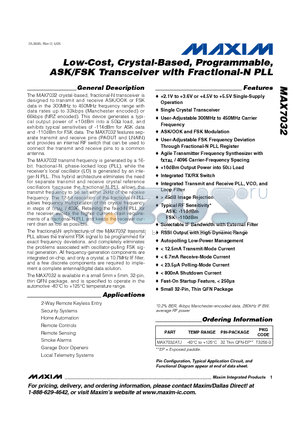 MAX7032 datasheet - Low-Cost, Crystal-Based, Programmable, ASK/FSK Transceiver with Fractional-N PLL