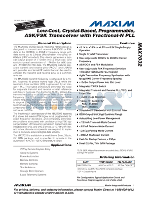 MAX7032ATJ+ datasheet - Low-Cost, Crystal-Based, Programmable, ASK/FSK Transceiver with Fractional-N PLL
