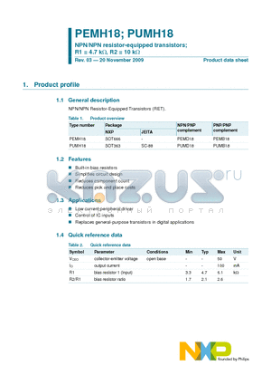 PUMH18 datasheet - NPN/NPN resistor-equipped transistors; R1 = 4.7 kY, R2 = 10 kY