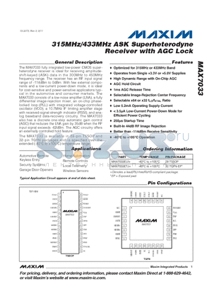 MAX7033_1109 datasheet - 315MHz/433MHz ASK Superheterodyne Receiver with AGC Lock