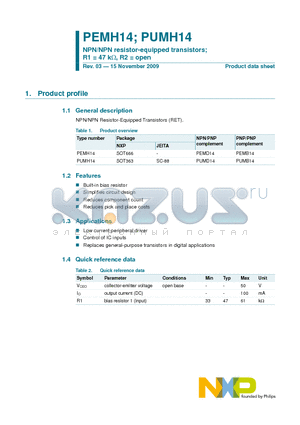 PUMH14 datasheet - NPN/NPN resistor-equipped transistors; R1 = 47 kY, R2 = open