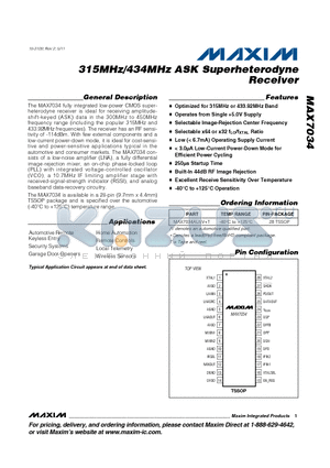 MAX7034 datasheet - 315MHz/434MHz ASK Superheterodyne Receiver 250ls Startup Time