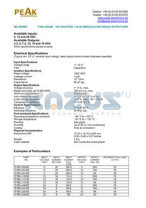 P7BU-0505E datasheet - 1KV ISOLATED 1.25 W UNREGULATED SINGLE OUTPUT DIP8