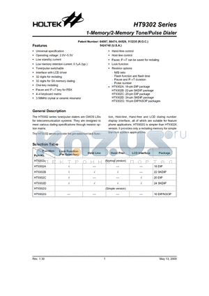 HT9302A datasheet - 1-Memory/2-Memory Tone/Pulse Dialer