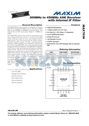 MAX7036GTP/V+ datasheet - 300MHz to 450MHz ASK Receiver with Internal IF Filter