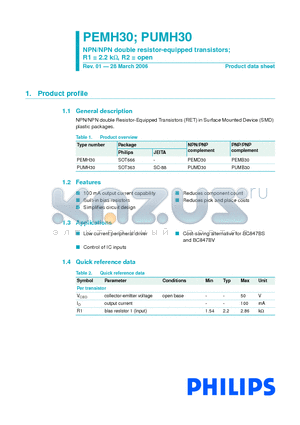 PUMH30 datasheet - NPN/NPN double resistor-equipped transistors R1 = 2.2 kW, R2 = open