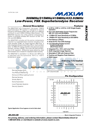 MAX7042 datasheet - 308MHz/315MHz/418MHz/433.92MHz Low-Power, FSK Superheterodyne Receiver
